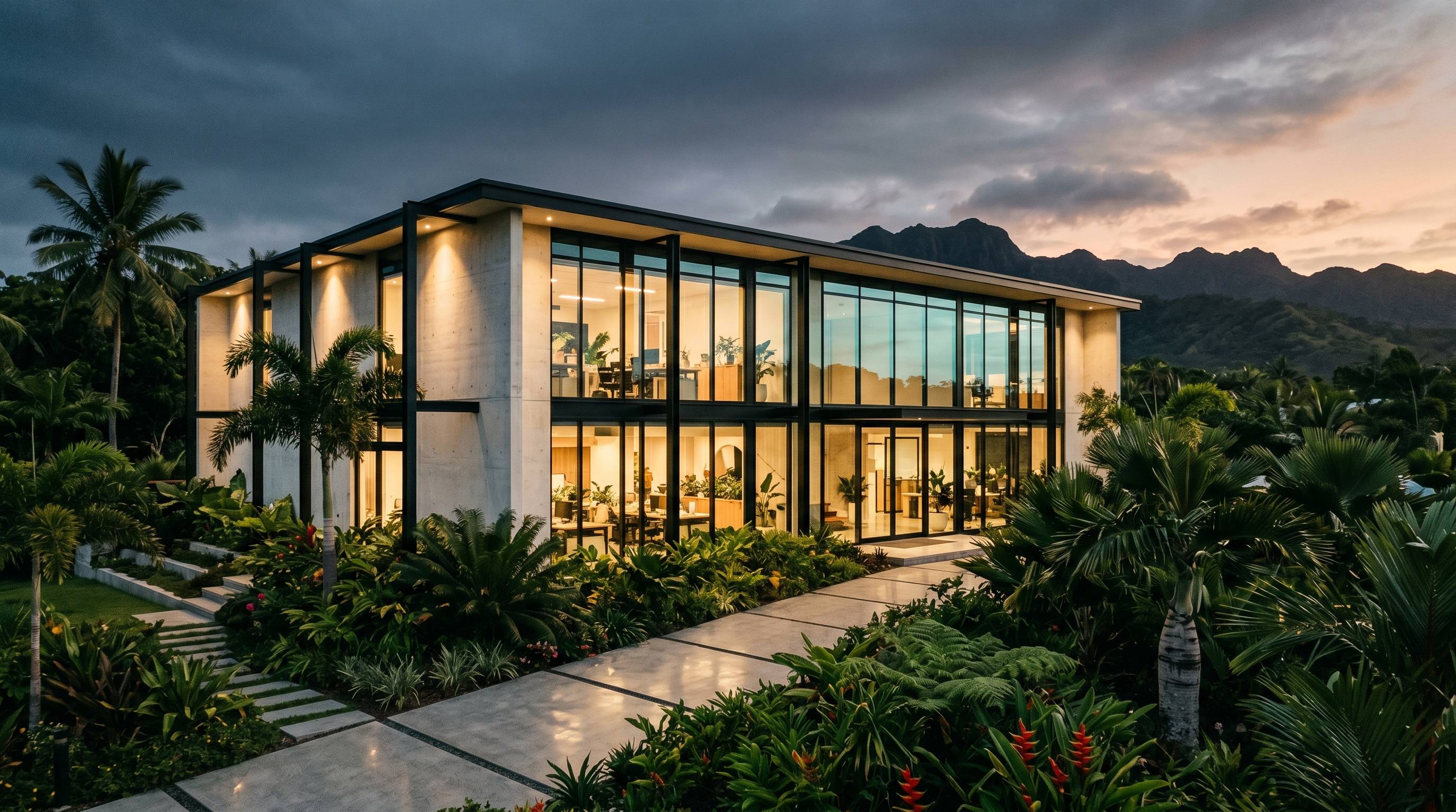 Modern Amplifi office building exterior in Fiji at golden hour with tropical garden