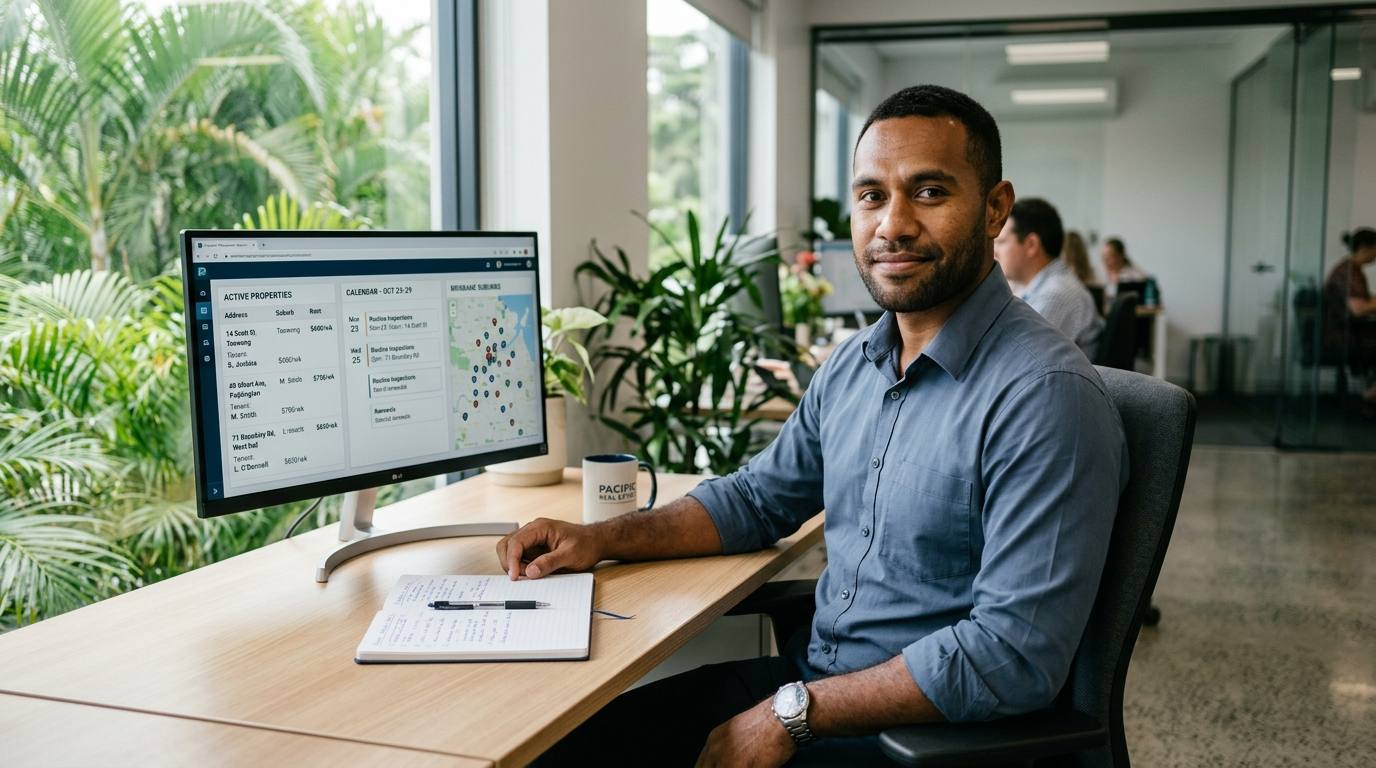 Amplifi property management specialist at his desk with an active tenancies dashboard visible on his monitor