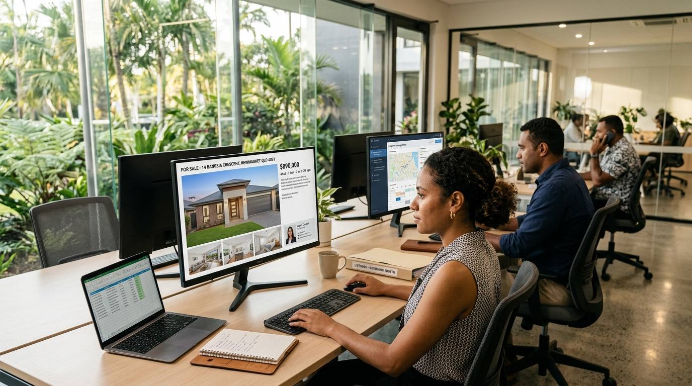 Fijian real estate support team at workstations with Australian property listings on screen