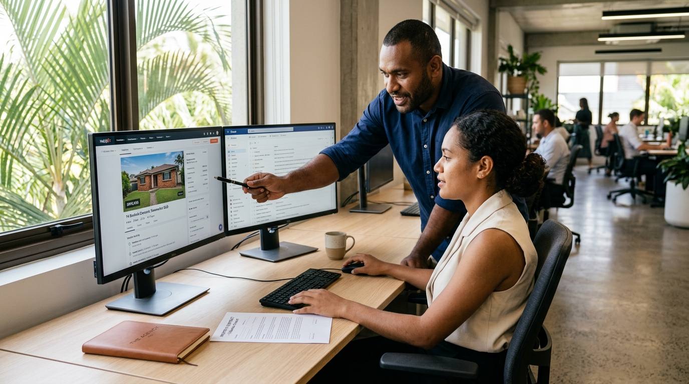 Two Amplifi team members reviewing a property sales CRM together at a shared workstation
