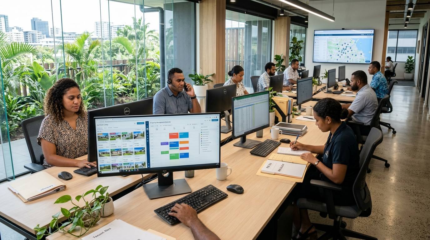Open-plan Amplifi office floor with Fijian professionals at real estate workstations and a wall display of Brisbane suburbs