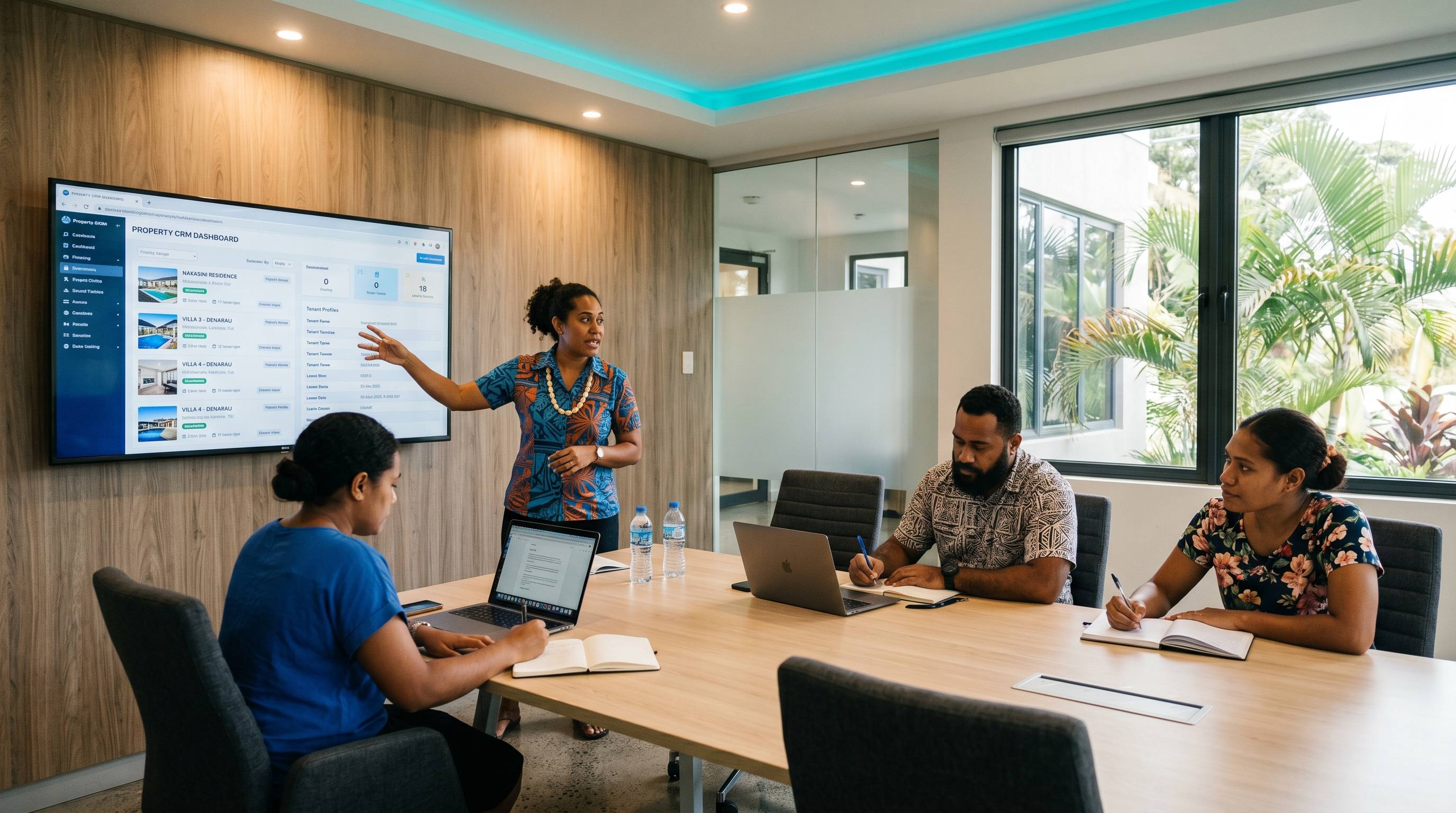 Amplifi-Ready training session with Fijian trainees taking notes on Rex and PropertyMe software at a Suva office